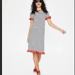 BODEN Emily Jersey Black White Striped Cotton Dress SZ 10L Ruffle Trim Nautical